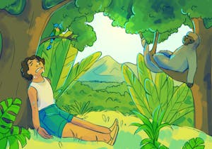 An illustration of a person sweating in the jungle next to a monkey in a tree.