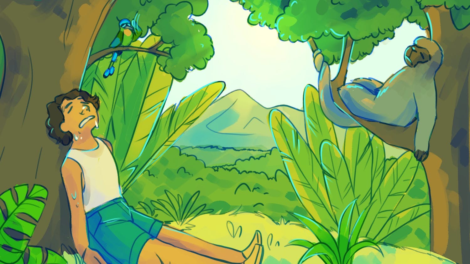 An illustration of a person sweating in the jungle next to a monkey in a tree.