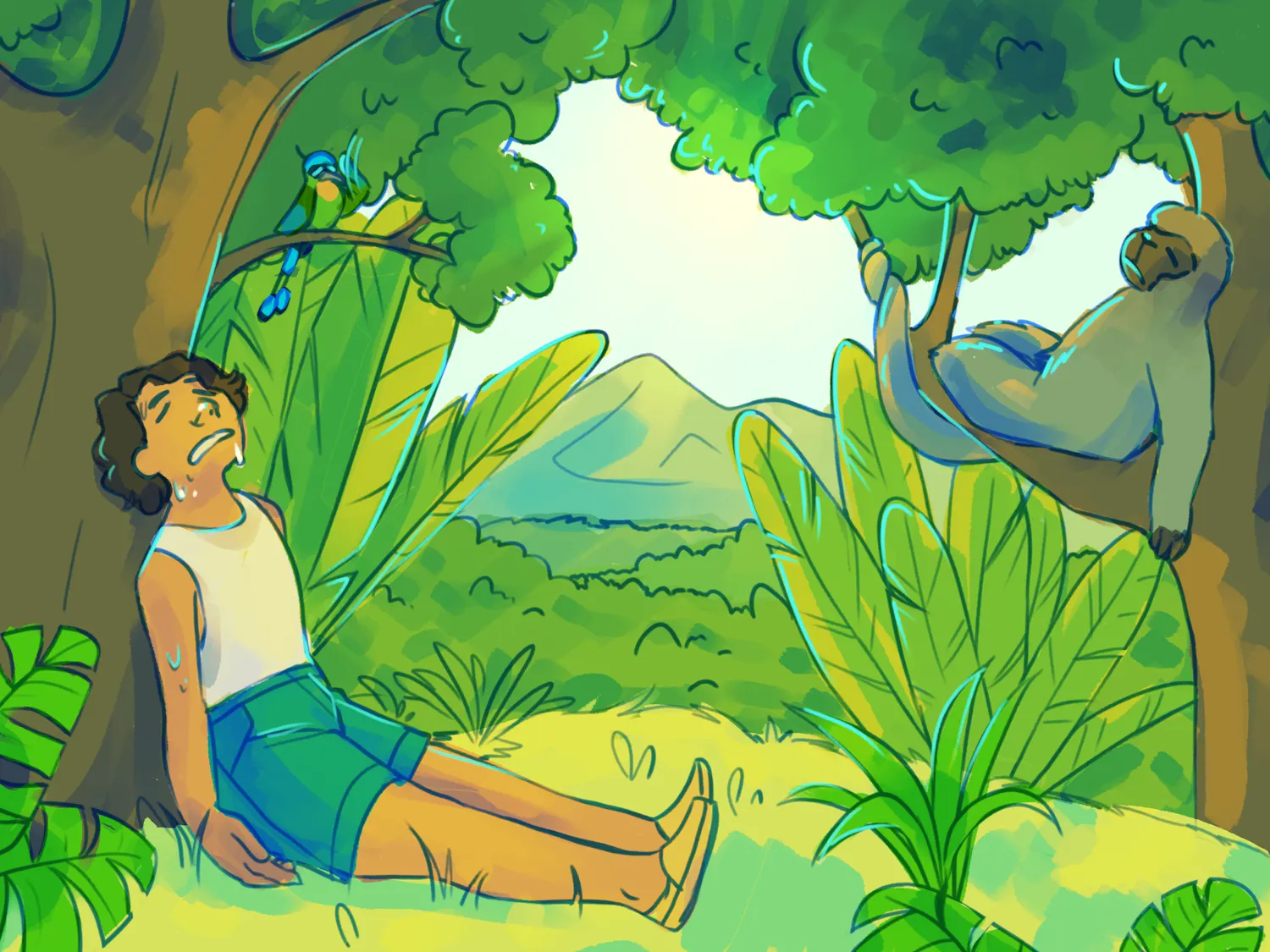 An illustration of a person sweating in the jungle next to a monkey in a tree.