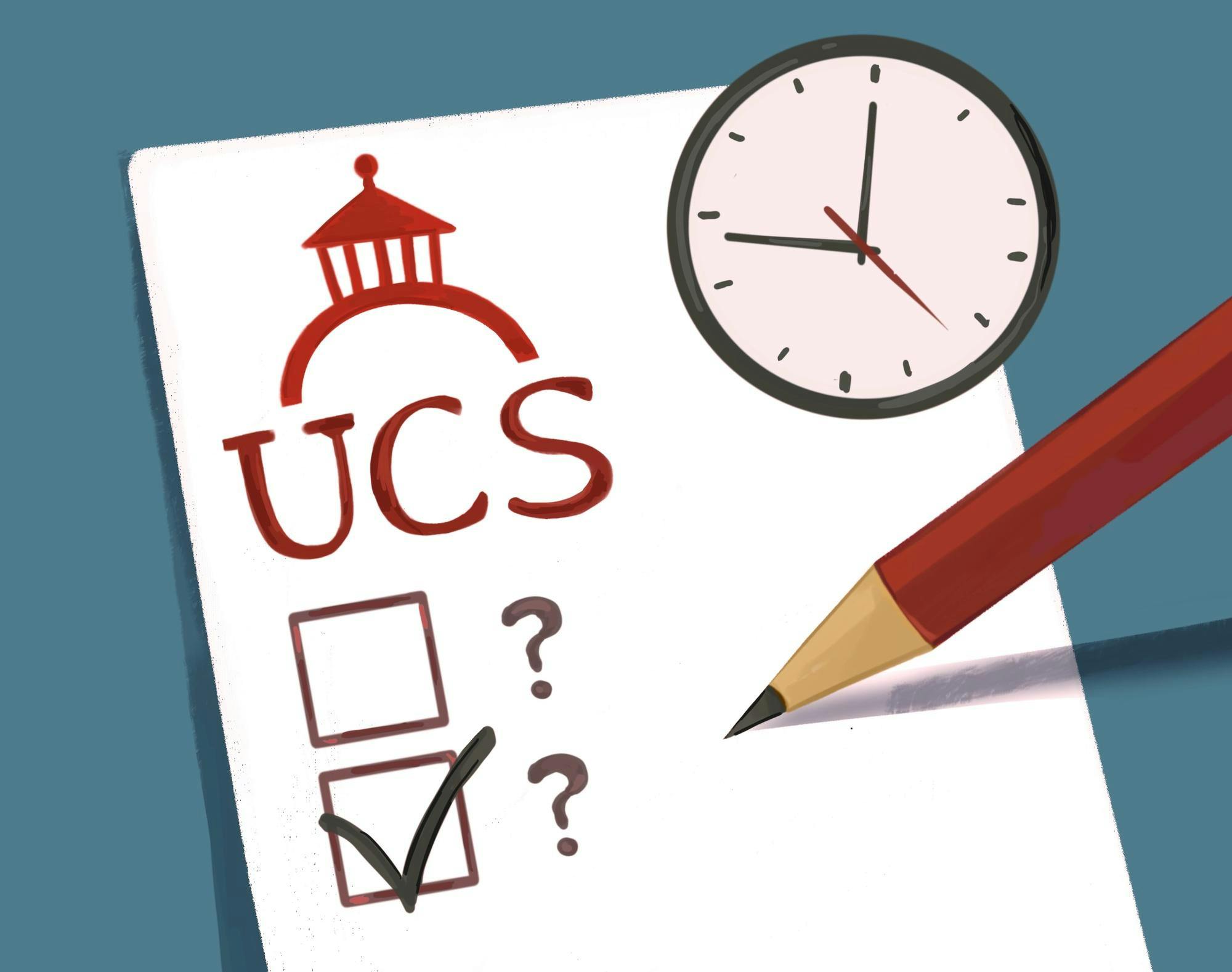 A picture of a ballot with "UCS" titled on it and a clock ticking in the corner.