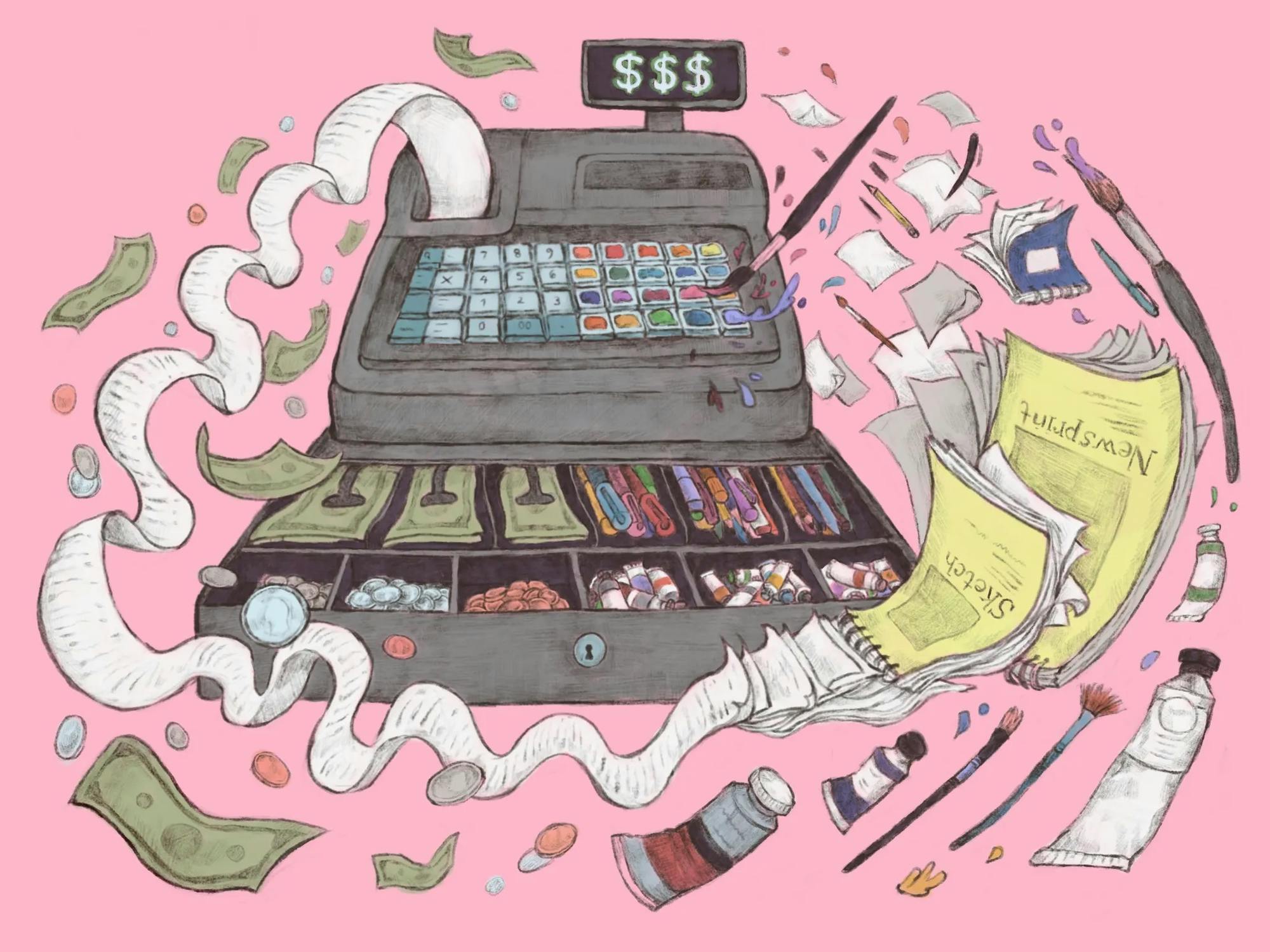 Illustration of an open cash register with buttons and cash on the left side and paints taking the place of the buttons and art supplies on the right. Cash and receipts fly out of the left side of the register and art supplies fly out of the right side of the register. The monitor displays three dollar signs.