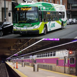 A photo of a RIPTA bus and a photo of an MBTA commuter rail train.