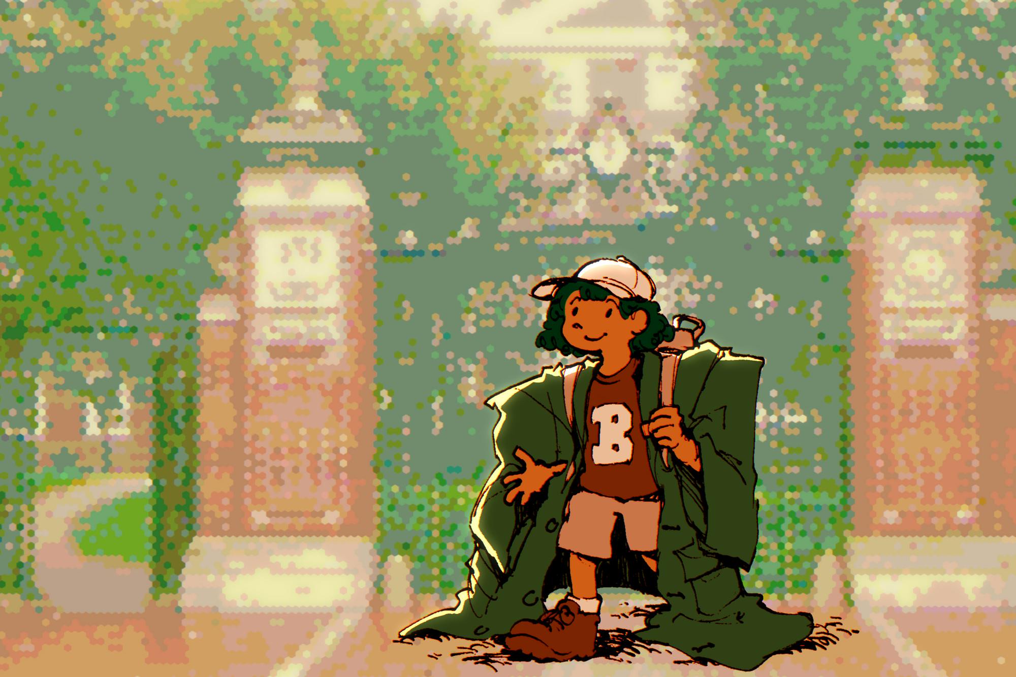 A young student in Brown hoodie covered by an oversized coat of their parent.