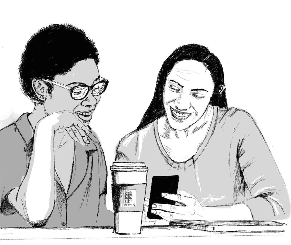 A sketch of two women looking at a phone, one with short hair and one with long hair.