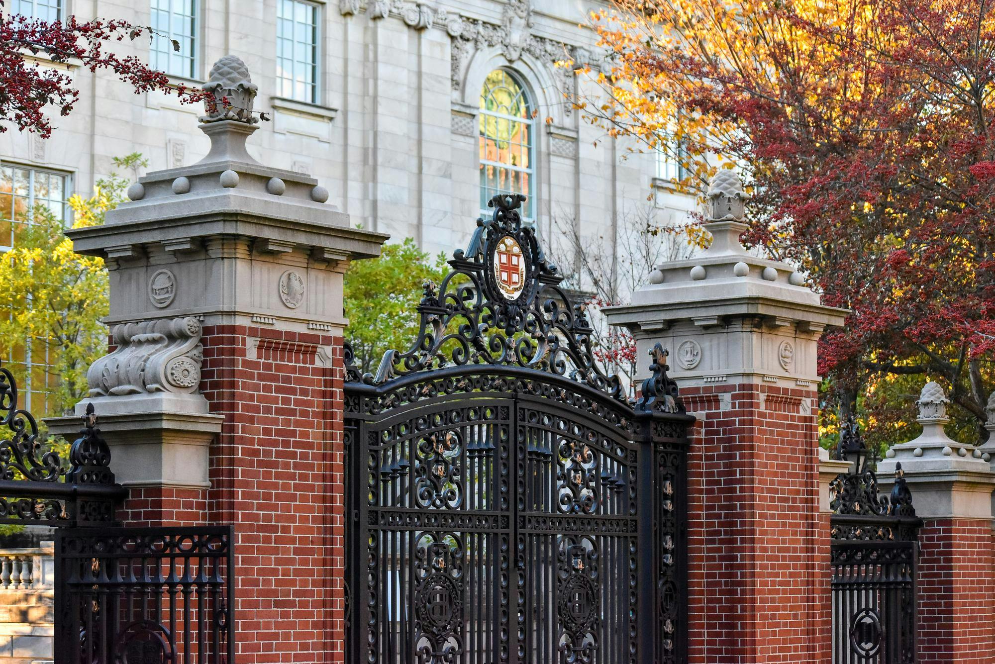 Photo of Van Wickle Gates, the ornamental entrance to the Quiet Green and the Brown University campus.
