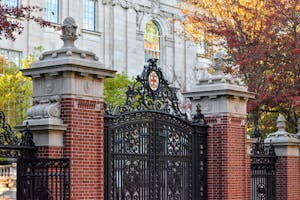 Photo of Van Wickle Gates, the ornamental entrance to the Quiet Green and the Brown University campus.

