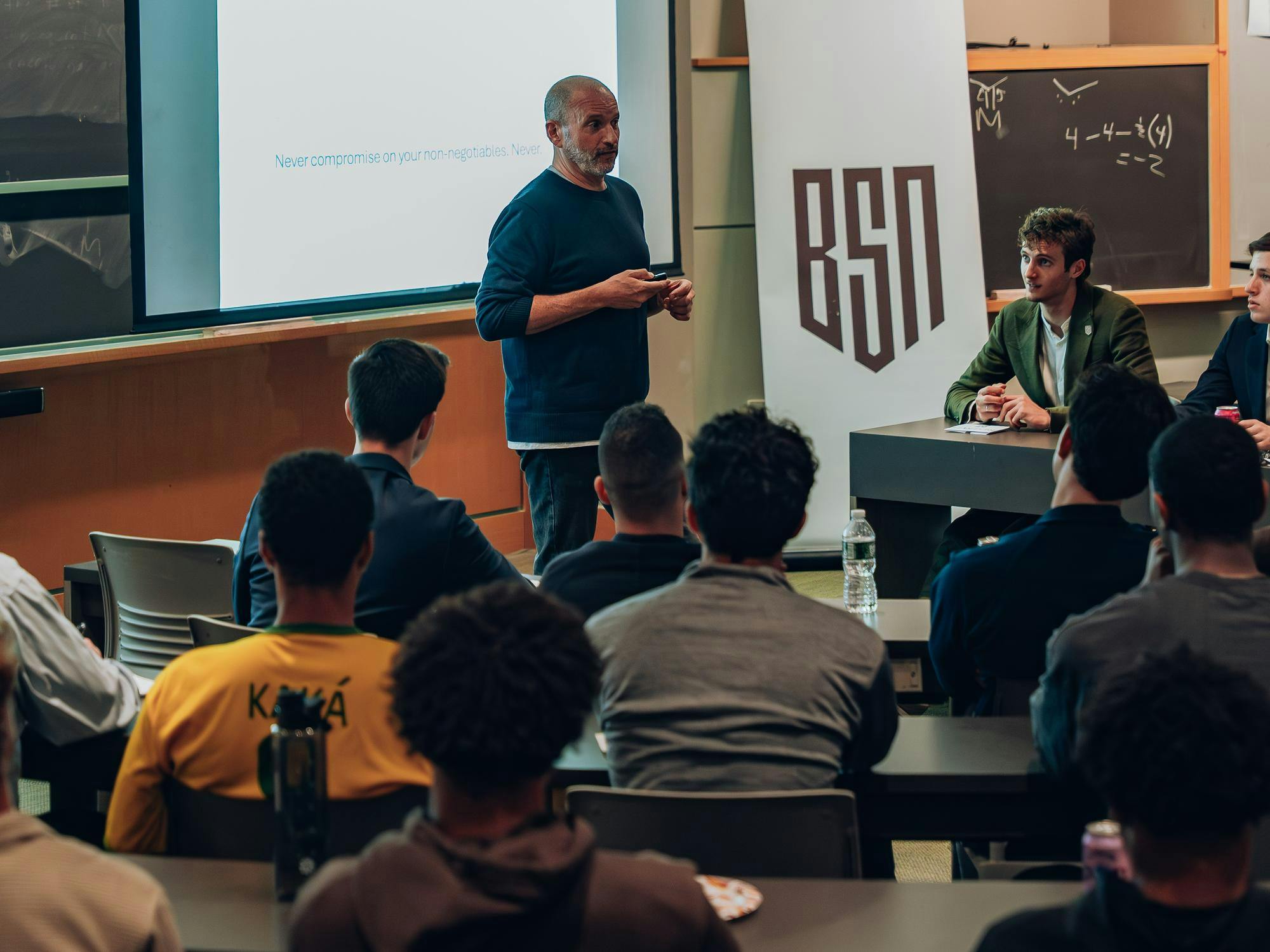 A picture of Russ Pillar at the Brown Sports Network's inaugural speaker event in Macmillan Hall.