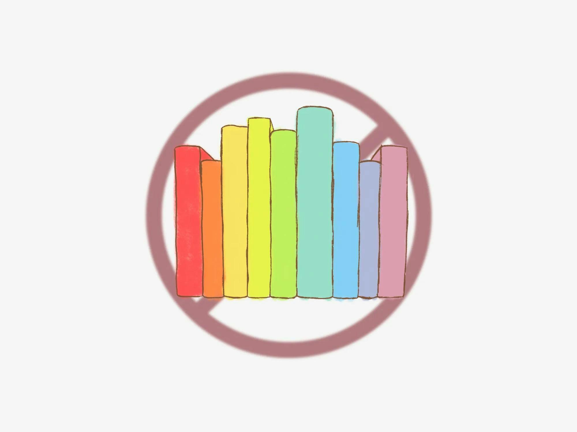 An illustration of books arranged in a rainbow order with a cancel sign behind it.