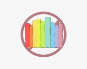 An illustration of books arranged in a rainbow order with a cancel sign behind it.