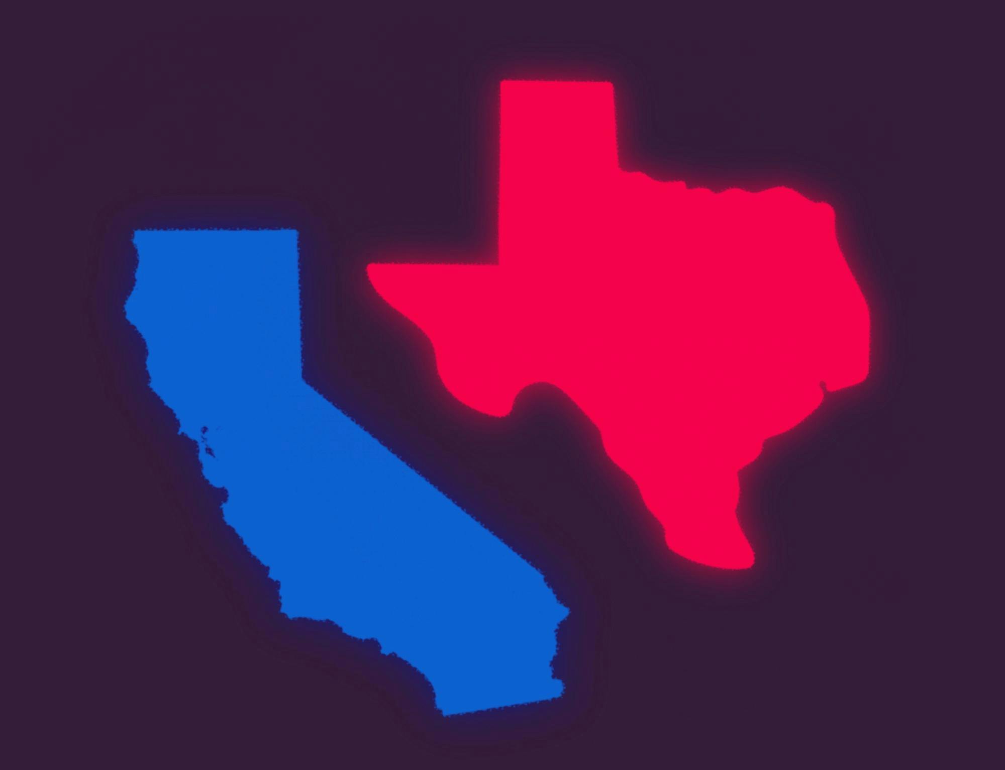 An illustration of a red cutout of Texas and a blue cutout of California on a purple background.