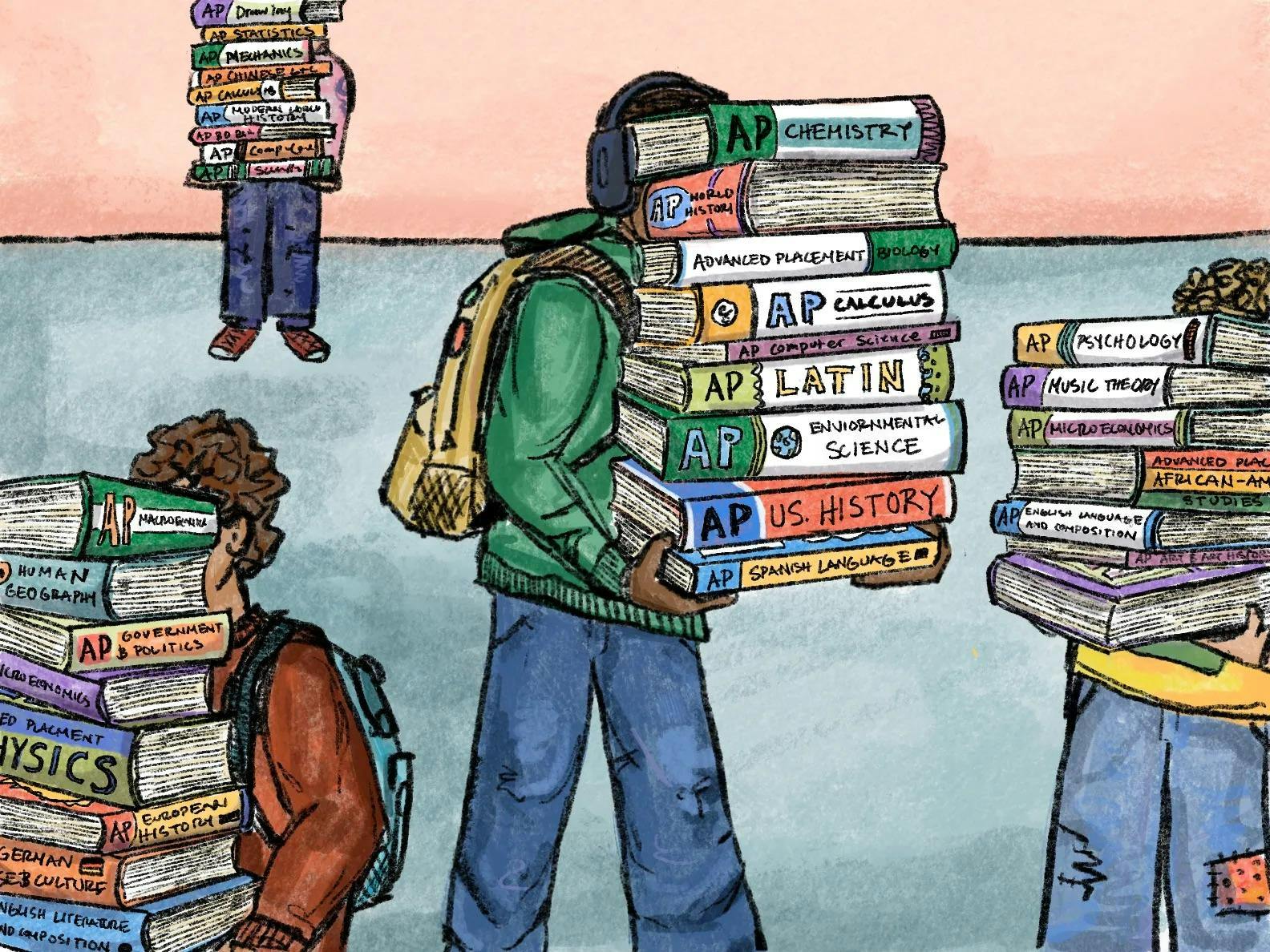 Illustration of multiple students holding AP course textbooks.