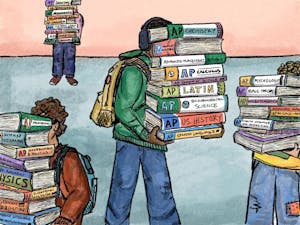 Illustration of multiple students holding AP course textbooks.