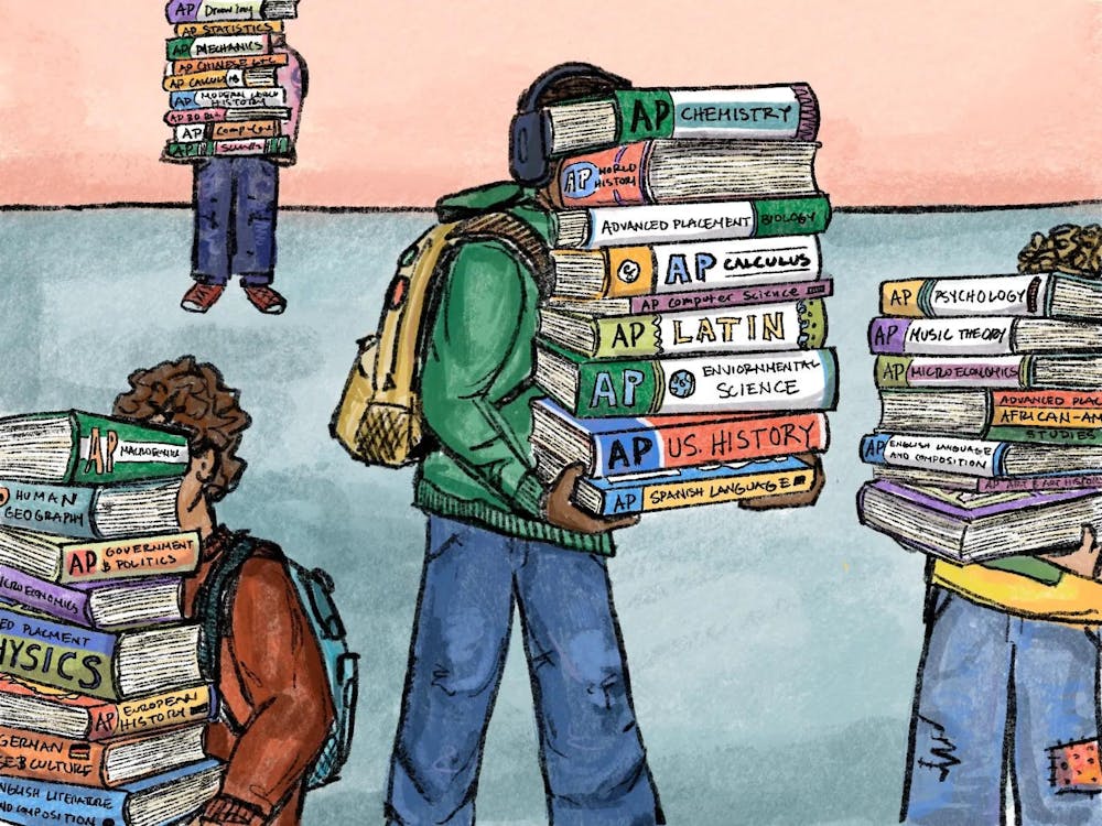 Illustration of multiple students holding AP course textbooks.