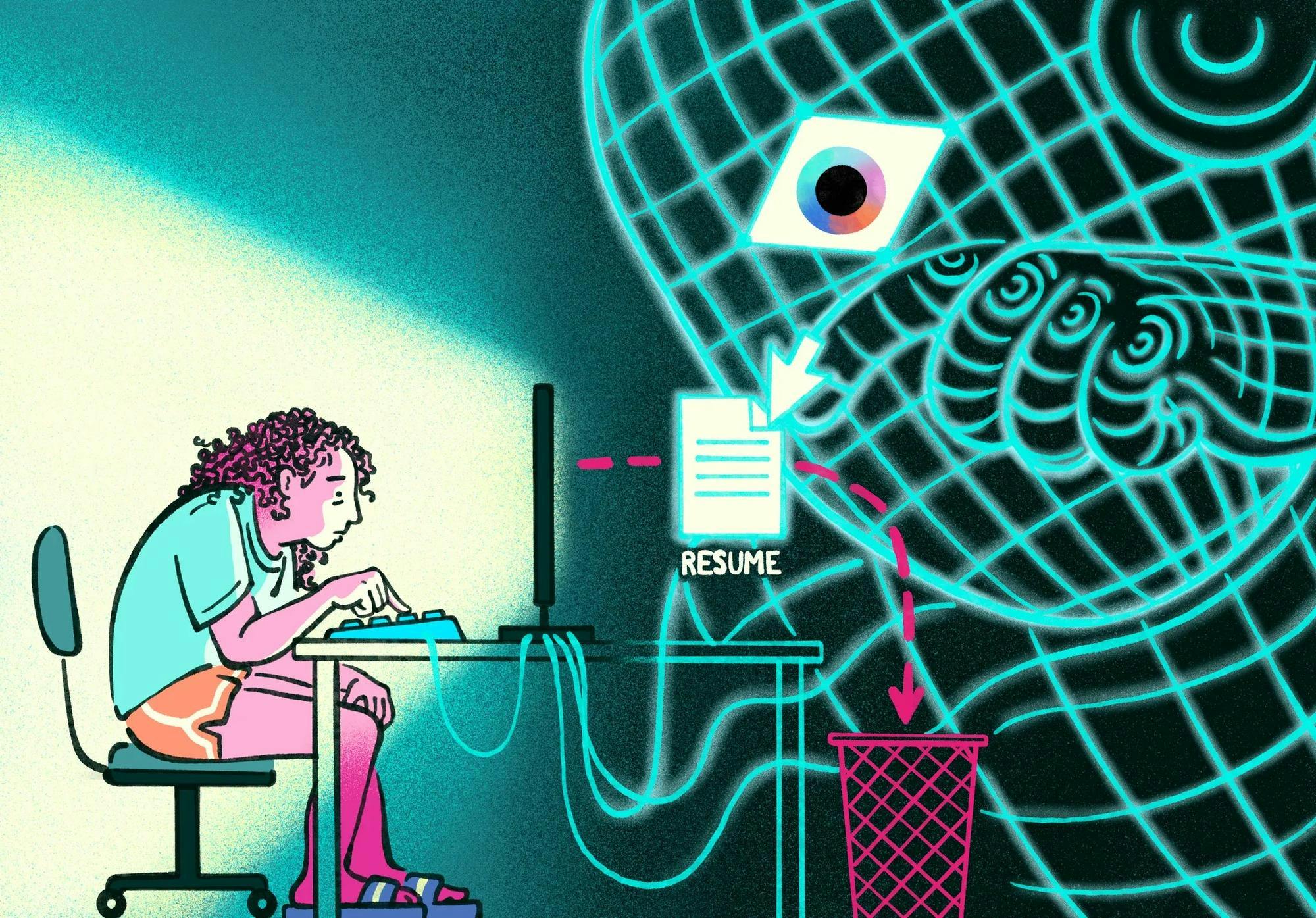 Alt: Illustration of an individual hunched over at a desk submitting a resume.