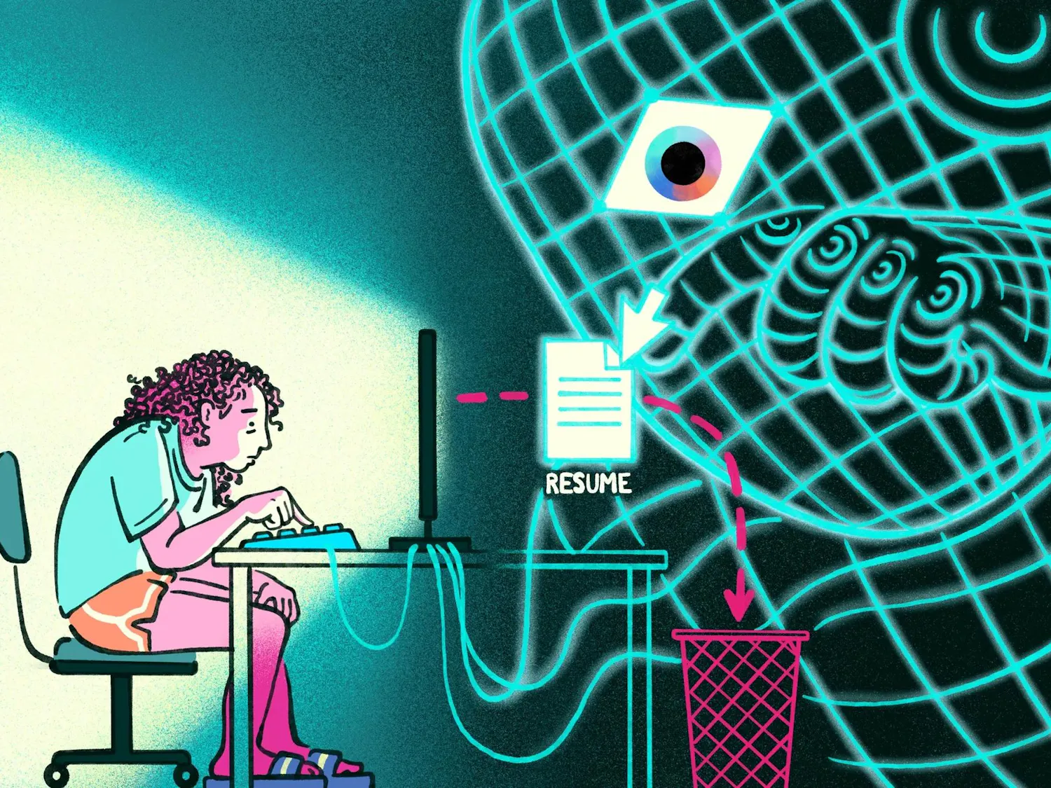 Alt: Illustration of an individual hunched over at a desk submitting a resume.