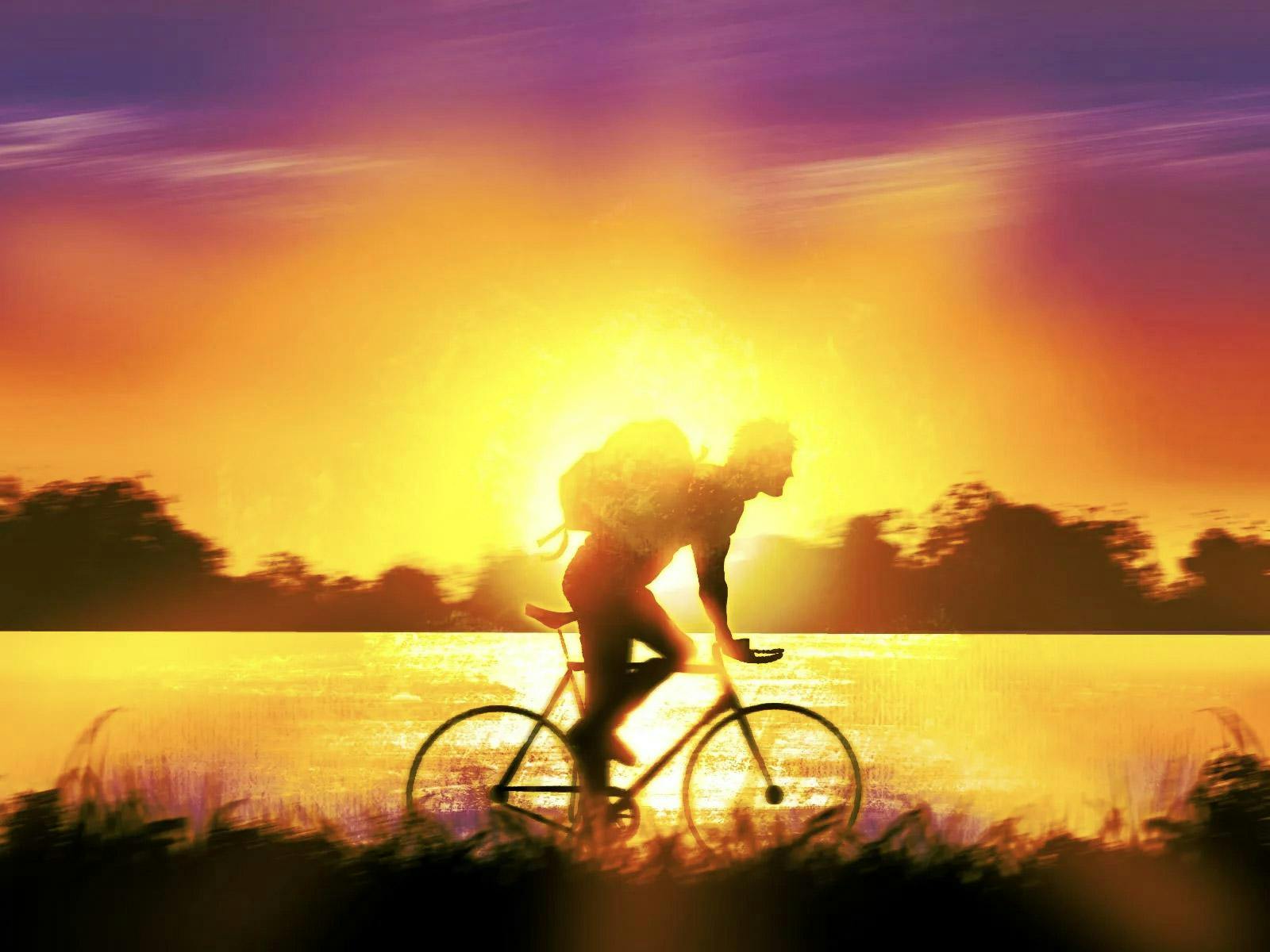 An illustration of a person riding a bike by a lake at sunset.
