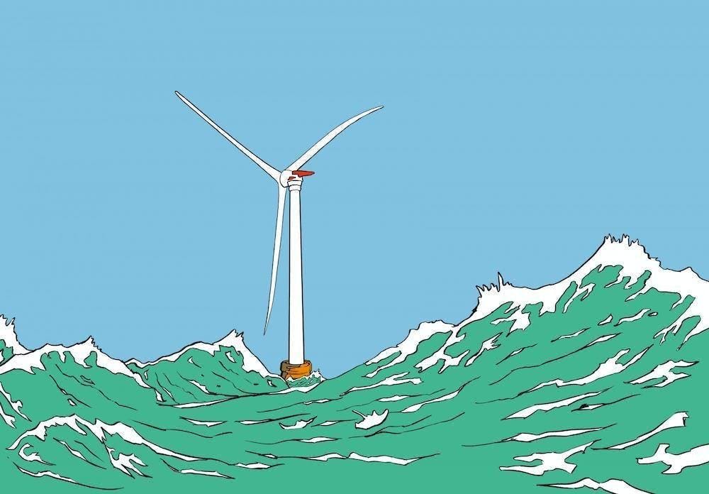 Illustration of a wind turbine surrounded by tumultuous teal water.