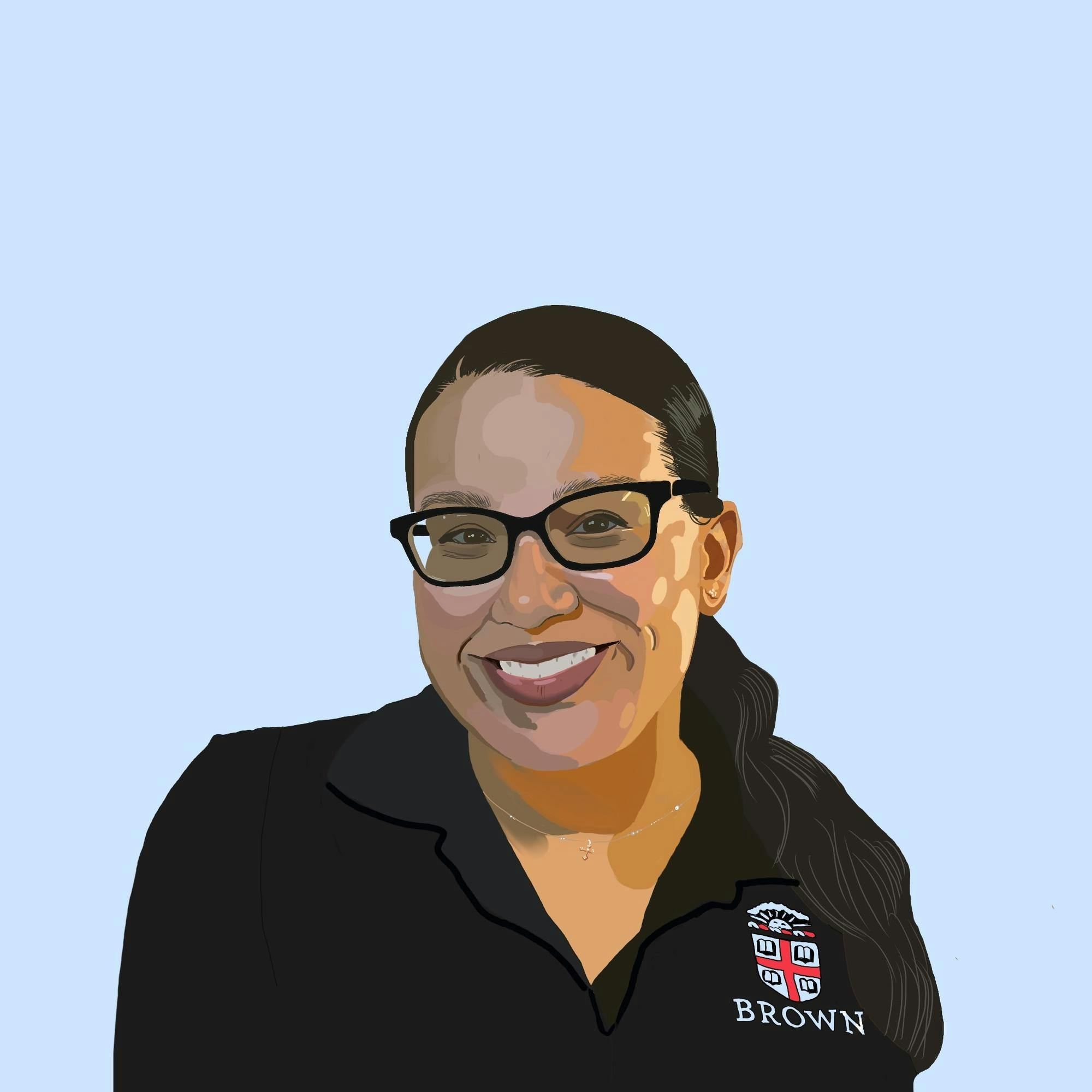An illustration of Rachel Fontes, who wears glasses and a black polo shirt with a Brown crest.