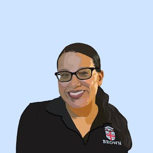 An illustration of Rachel Fontes, who wears glasses and a black polo shirt with a Brown crest.
