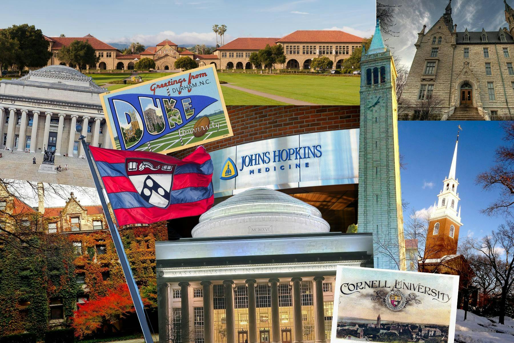 A photo collage of various campus landmarks (buildings, flags and postcards), including ones at MIT, Columbia, Penn, Cornell, Johns Hopkins, UC Berkeley and Stanford, among other universities.