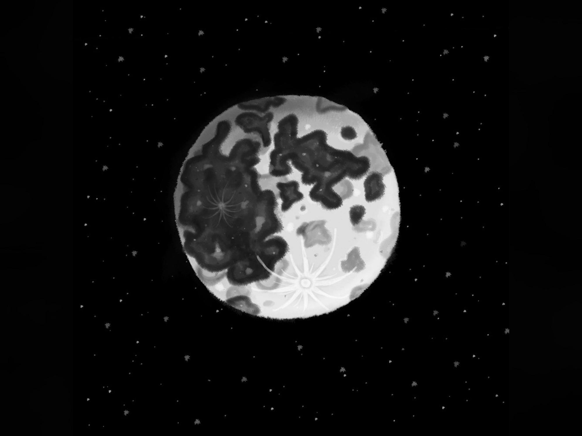 An illustration of the moon with dark grey and light grey blobs all over and a white spot that branches out on the bottom surrounded by stars.