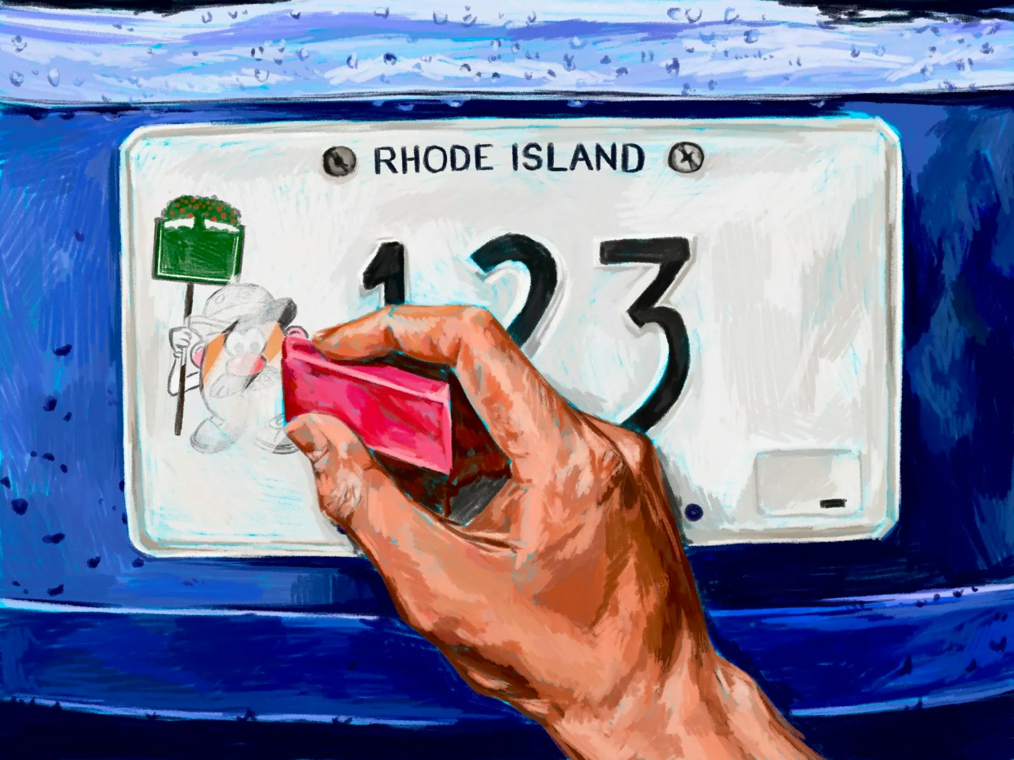 A close-up illustration of an R.I. license plate on a blue car shows a hand using an eraser to erase Mr. Potato Head.