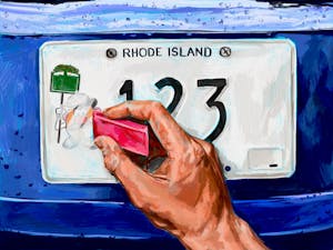 A close-up illustration of an R.I. license plate on a blue car shows a hand using an eraser to erase Mr. Potato Head.