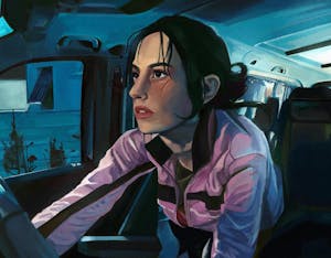 Illustration of a woman sitting in the front seat of a car.