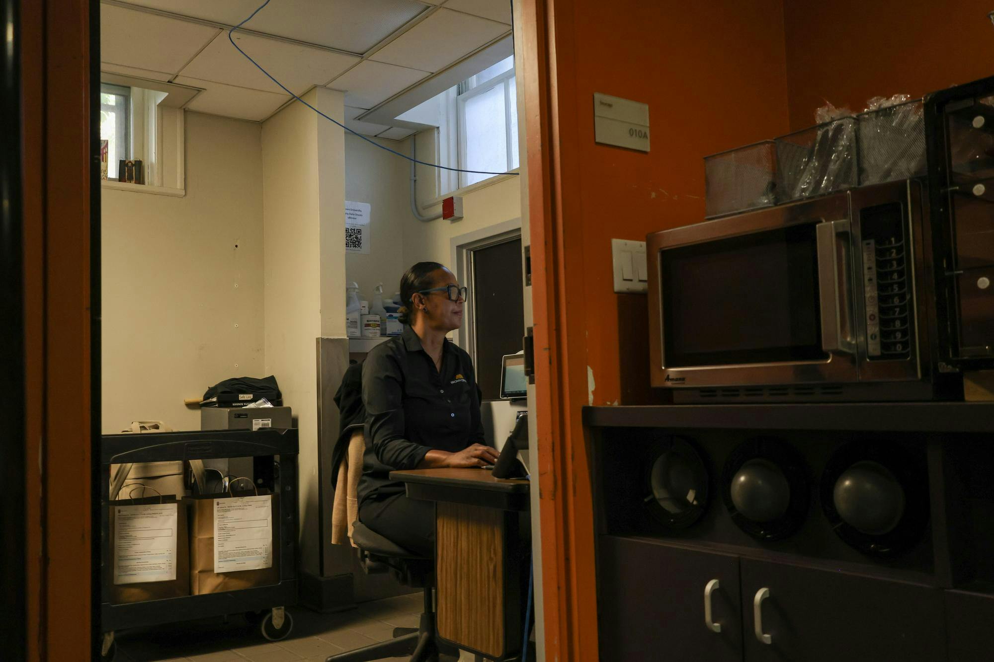 Monteiro working from her office o the computer.