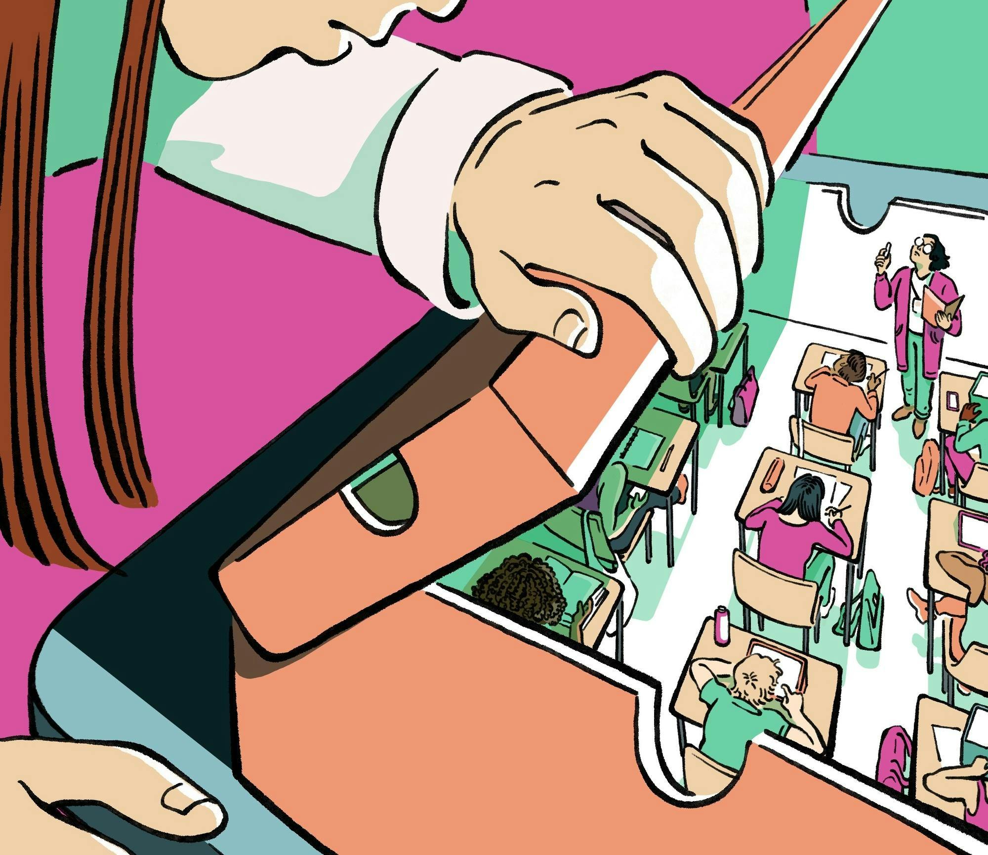 An illustration of a person opening box with a classroom of students and their teacher inside. 