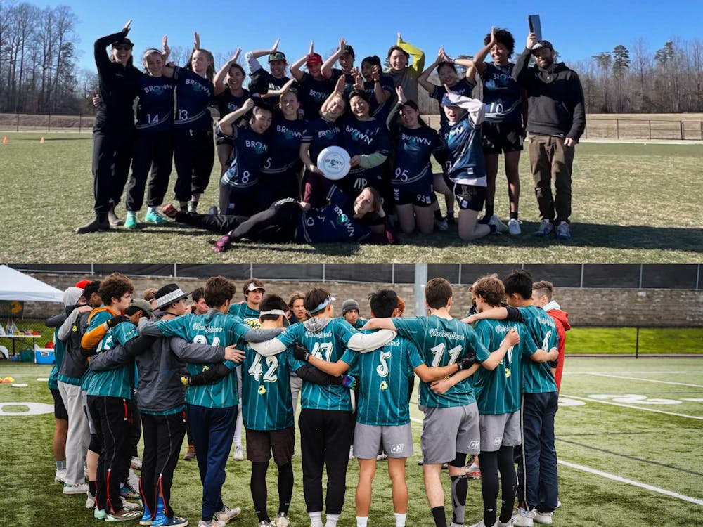 Shiver, left, puts up their signature “Shiver of Sharks” fins. BMo, right, huddles after sectional wins against UMass and Vermont. Courtesy of Retta Karpinski (top photo) and Cooper Herman (bottom photo)