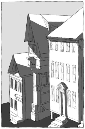 A black-and-white drawing of Victorian-style houses lining a street.