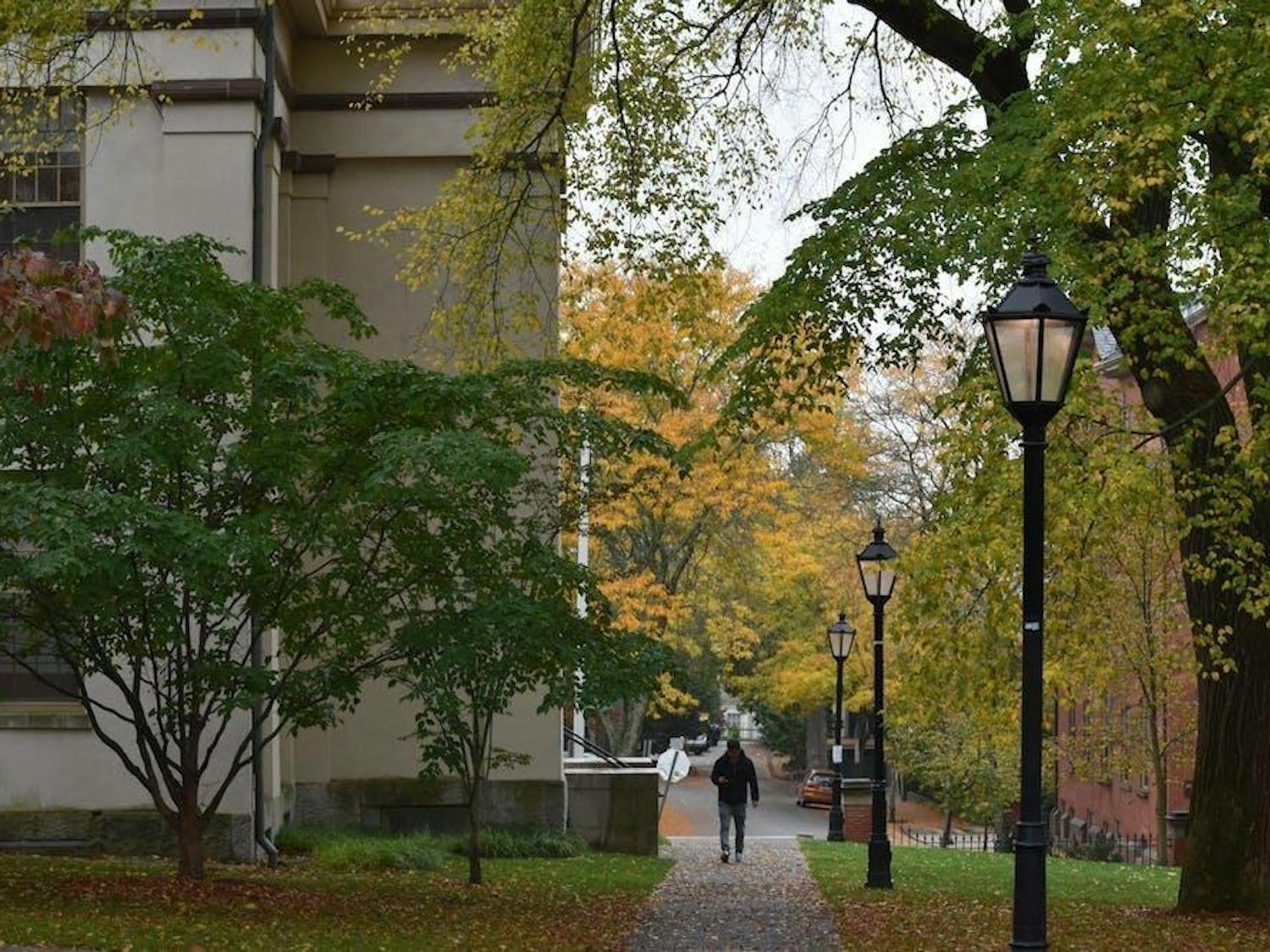 A man walks through a tree-lined pathway on Brown University's Quiet Green.