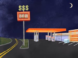 Illustration of a gas station at night on the side of the road with a sign displaying the numbers 5, 9 and 7 with three dollar signs on top of it.