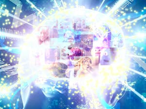 A human head with its interior filled with images of various internet memes