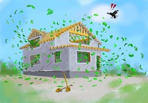 Illustration of an unfinished house on a windy day with leaves blowing around.