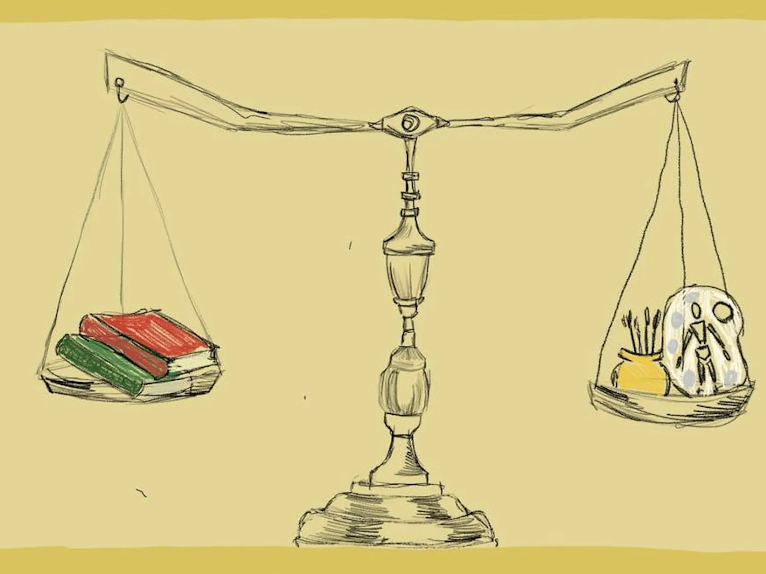 Illustration of a balanced scale with a stack of books weighing down one side and a paintbrush and canvas weighing down the other.