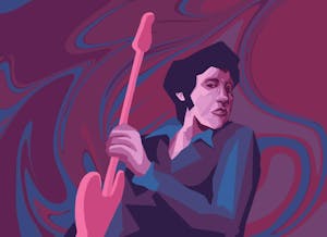 A pink-hued illustration of a Bruce Springsteen holding a pink guitar. He is young, with dark hair, an upturned chin and a sideways gaze.