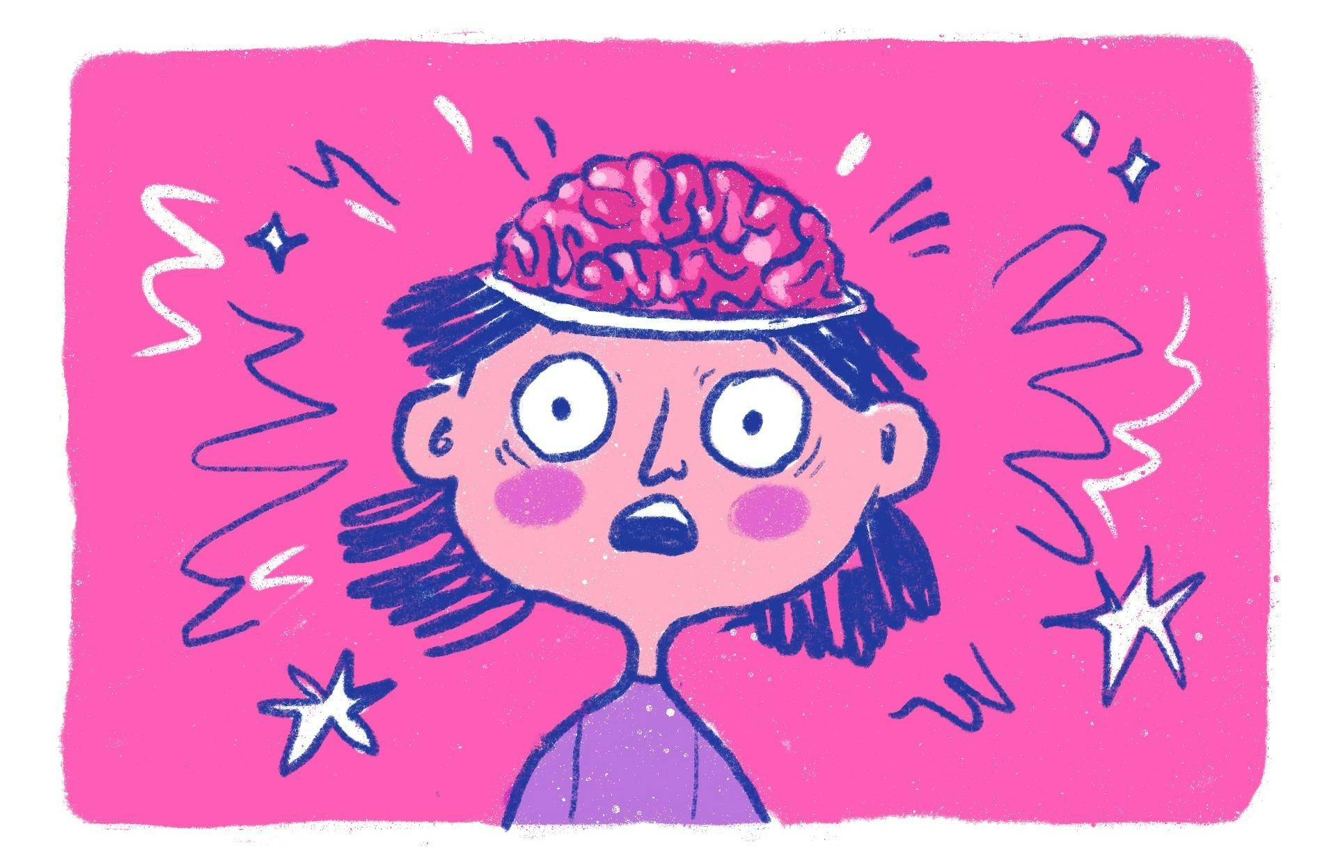 Illustration of a girl with dark hair and a surprised look on her face, her brain is showing and various lines surround her head.
