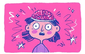 Illustration of a girl with dark hair and a surprised look on her face, her brain is showing and various lines surround her head.