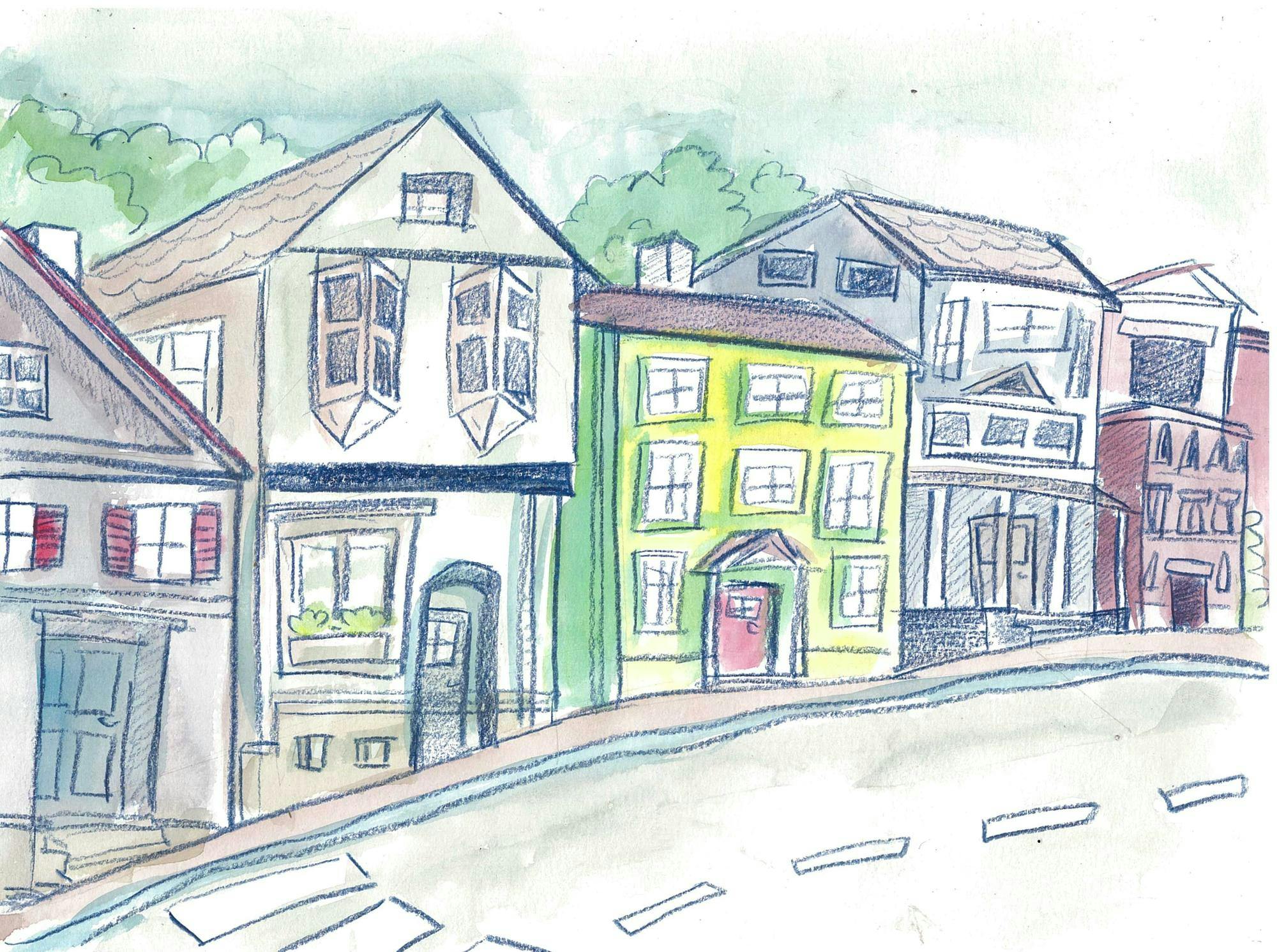 An illustration of multiple colorful buildings on the hill side by side. 