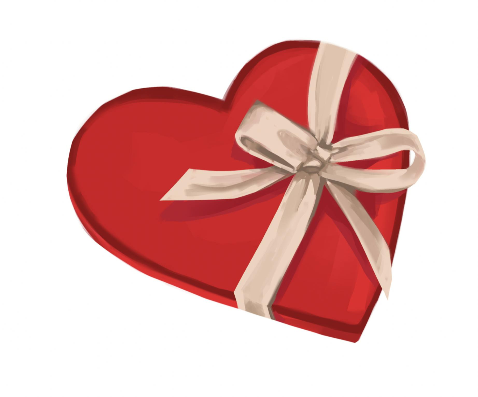 An illustration of a red heart box with a tan colored bow tying it.
