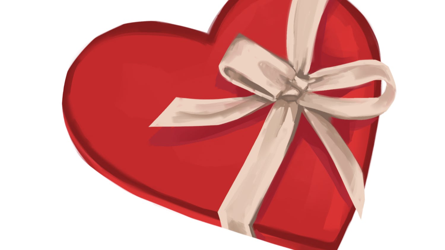 An illustration of a red heart box with a tan colored bow tying it.