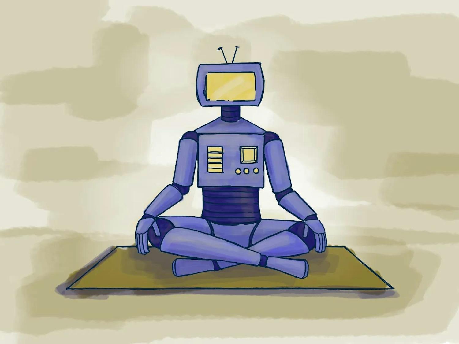 Illustration of a purple robot with a yellow-screened monitor for a head and yellow buttons meditating on a tan mat.