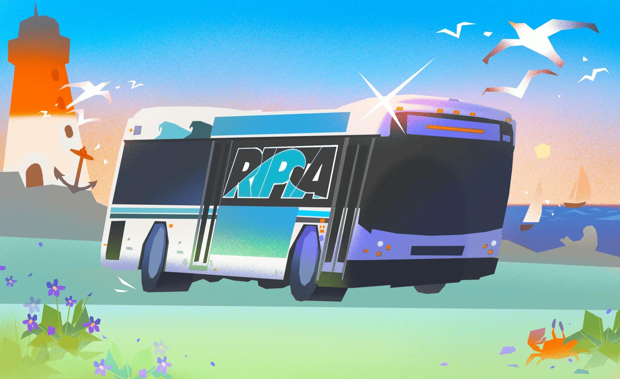 An illustration of a cartoon RIPTA bus in a field with the sea in the background.