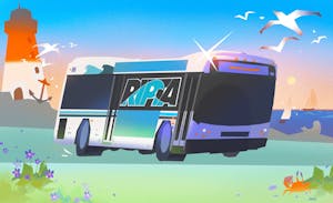 An illustration of a cartoon RIPTA bus in a field with the sea in the background.
