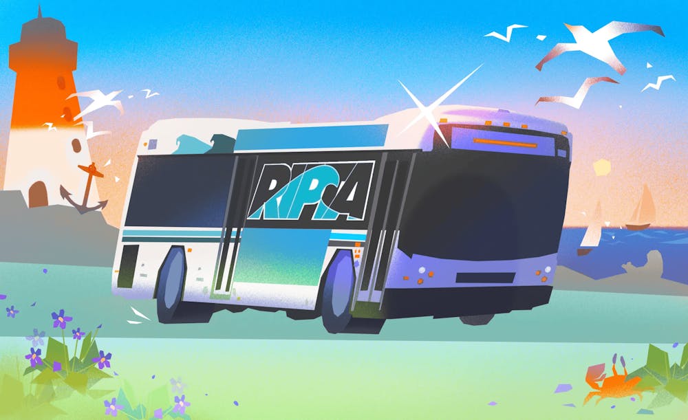 An illustration of a cartoon RIPTA bus in a field with the sea in the background.