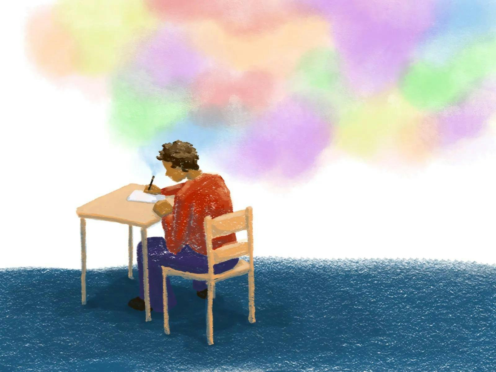 Illustration of someone writing at a desk with colored blurs above them.