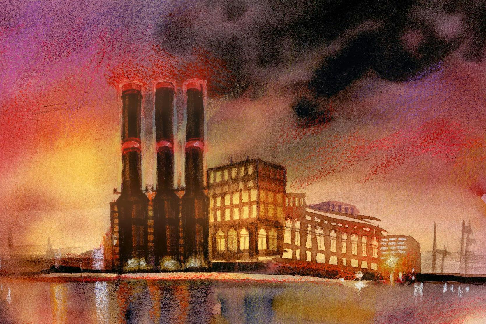 Softly lit painting of an industrial building with 3 smokestacks. 