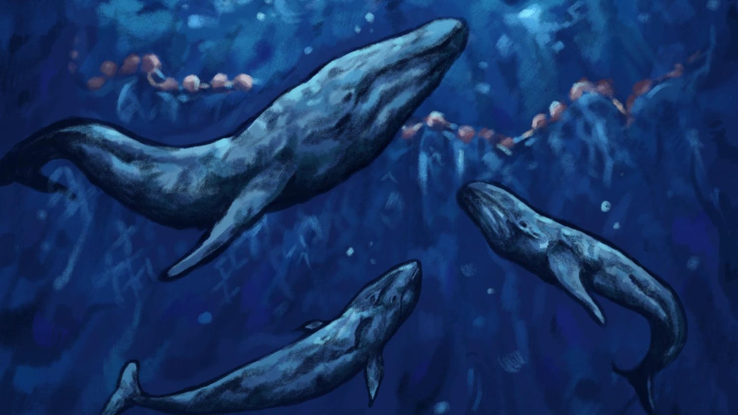 Illustration of three blue whales in the deep sea looking upwards.